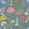 Sea Ã¢â¬â¹Ã¢â¬â¹travel lighthouse corals shells  watercolor illustration hand drawn print textiles vintage retro. Patern seamless set Royalty Free Stock Photo